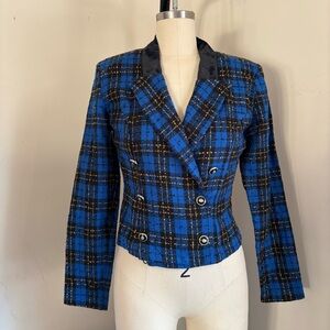 Blue and black plaid blazer with velvet collar and shoulder pads